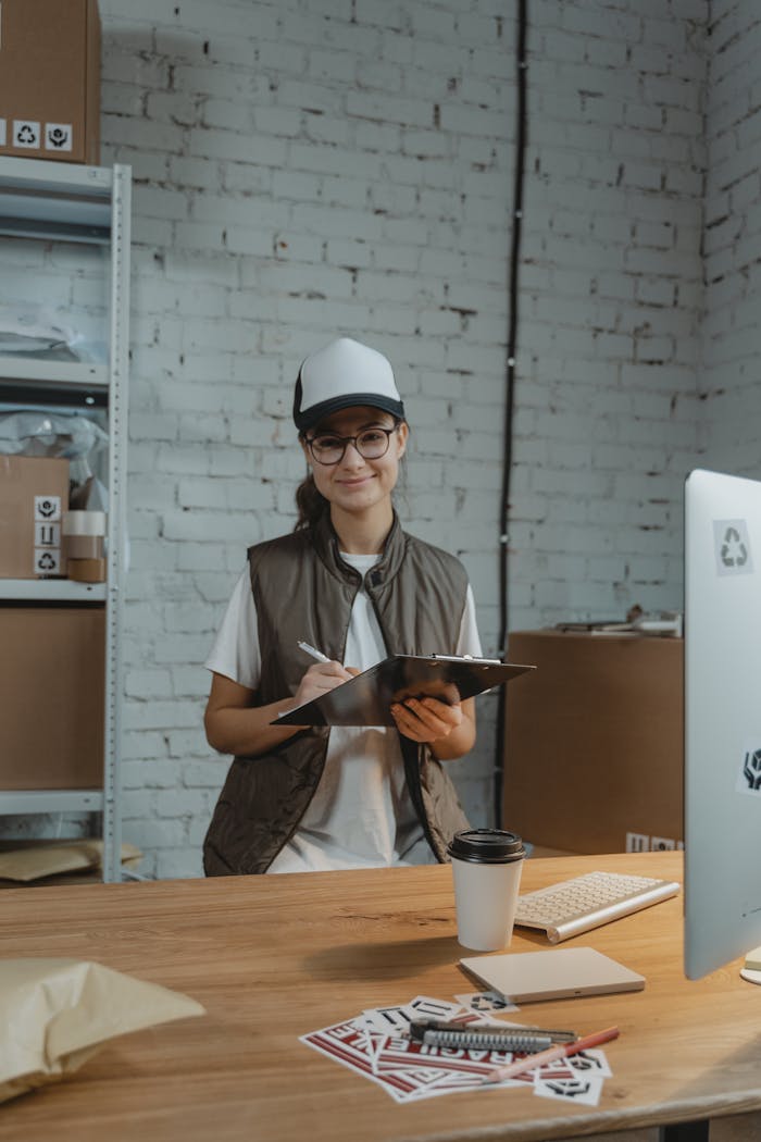Smiling woman holding clipboard in office, managing logistics with eco-friendly focus.